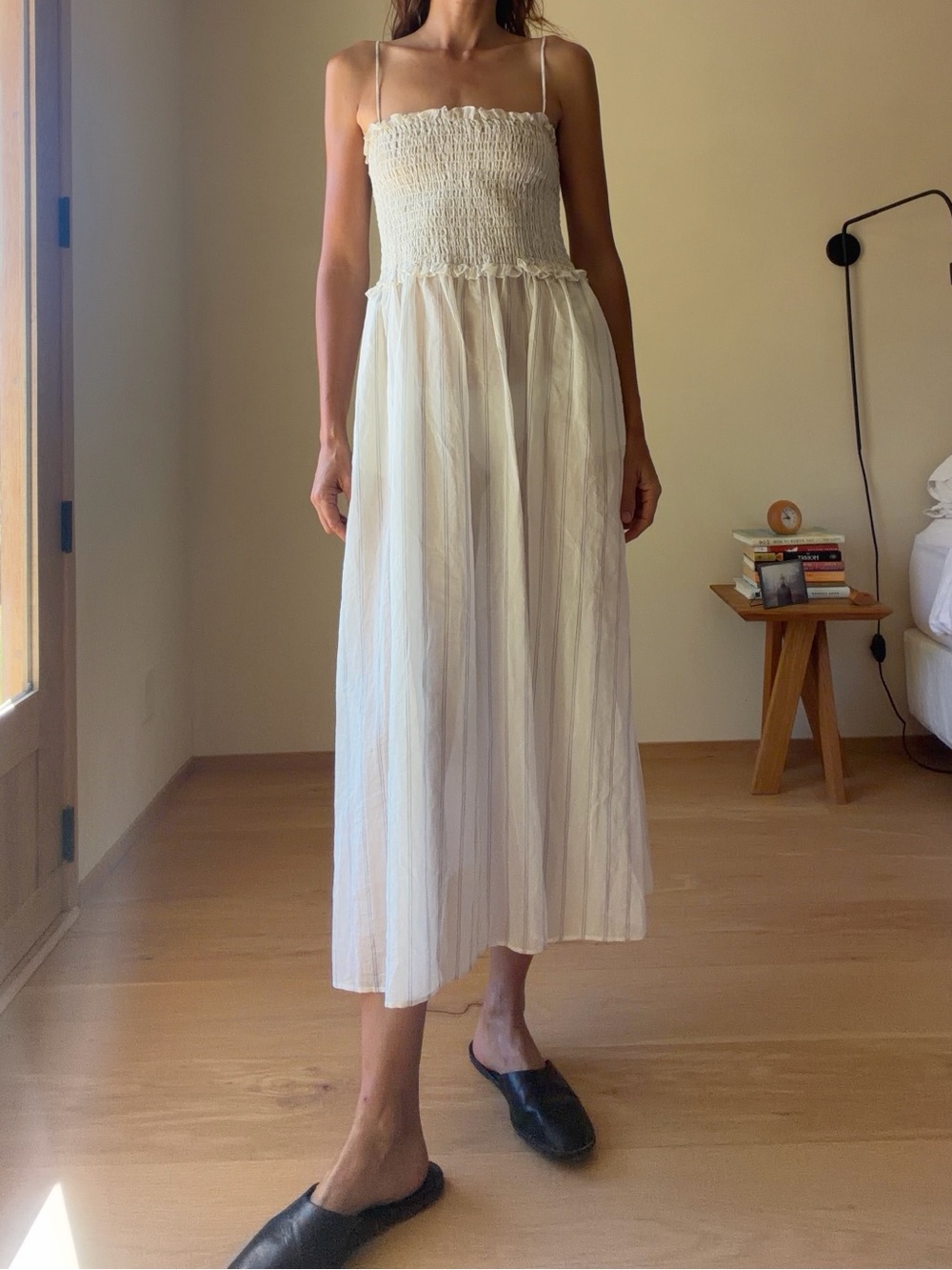 Maryam Nassir Zadeh Ivory Smocked Maxi Dress with Thin Straps